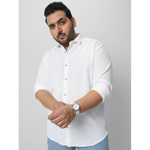 Urbano Plus Men's White Cotton Full Sleeve Regular Fit Textured Shirt With Spread Collar (Plusshirtsmocregfsp-06-White-3Xl)