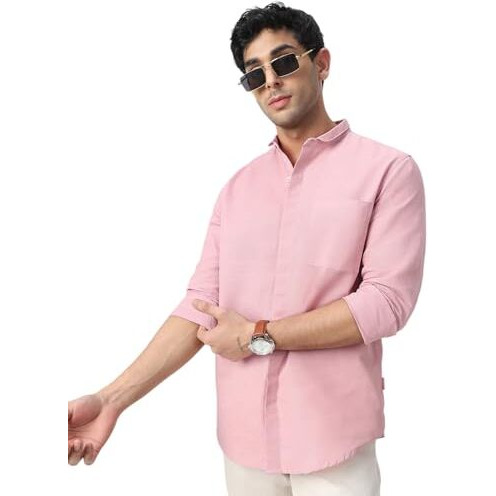 Urbano Fashion Men's Pink Cotton Full Sleeve Regular Fit Casual Solid Shirt With Band Collar (Shirtsolbnd-02-Pink-M)