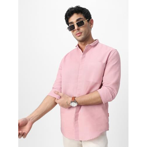 Urbano Fashion Men's Pink Cotton Full Sleeve Regular Fit Casual Solid Shirt With Band Collar (Shirtsolbnd-02-Pink-M)