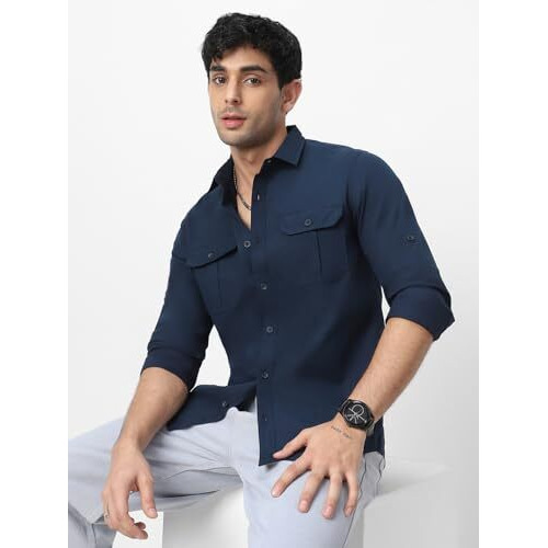 Urbano Fashion Men's Navy Cotton Full Sleeve Regular Fit Casual Solid Shirt (Shirtsolregut-03-Navy-L)
