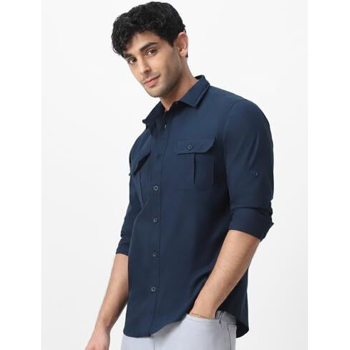 Urbano Fashion Men's Navy Cotton Full Sleeve Regular Fit Casual Solid Shirt (Shirtsolregut-03-Navy-L)