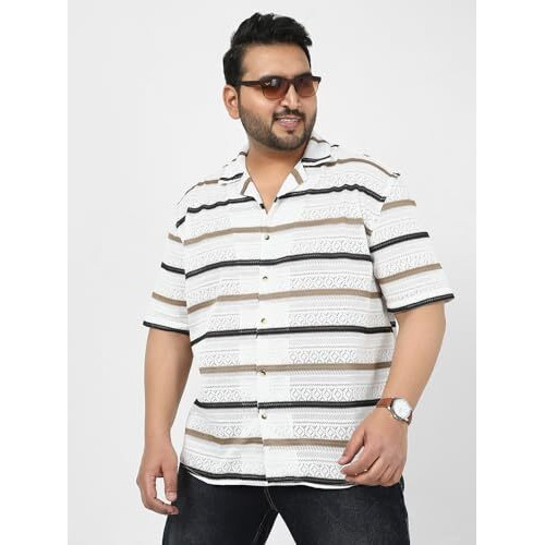 Urbano Plus Men's White, Brown Cotton Half Sleeve Oversized Fit Textured Crochet Shirt With Cuban Collar (Plusshirtcrcovp-Hf-Brown-3Xl)