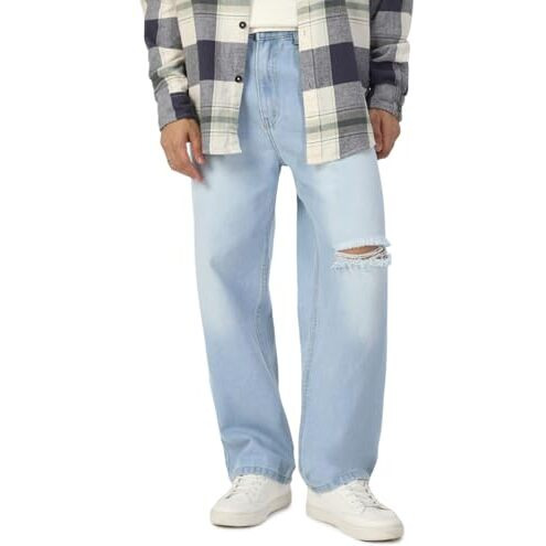 Urbano Fashion Men's Ice Blue Loose Baggy Fit Washed Distressed/Torn Jeans Non-Stretchable (Jeanlskneslit-Iceblue-32)
