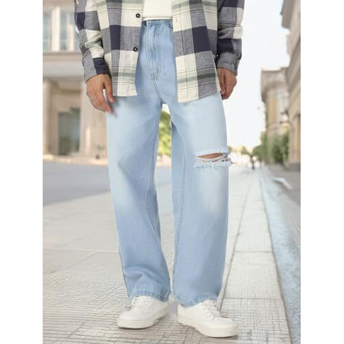 Urbano Fashion Men's Ice Blue Loose Baggy Fit Washed Distressed/Torn Jeans Non-Stretchable (Jeanlskneslit-Iceblue-32)