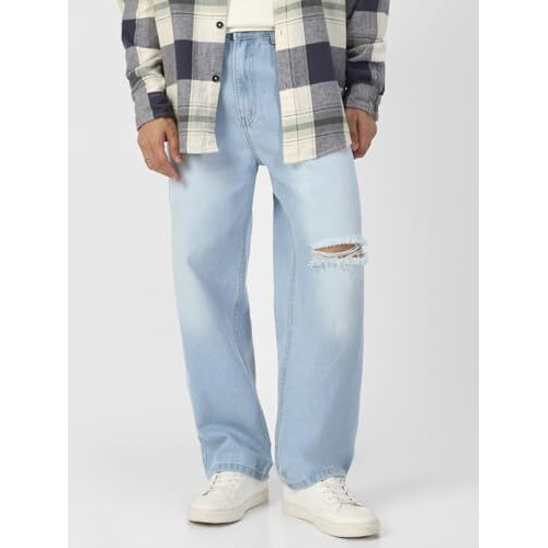 Urbano Fashion Men's Ice Blue Loose Baggy Fit Washed Distressed/Torn Jeans Non-Stretchable (Jeanlskneslit-Iceblue-32)