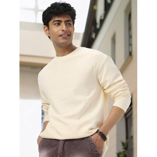 Urbano Fashion Men's Cloud Cream Textured Round Neck Oversized Full Sleeve Cotton T-Shirt (Txtovfstee-02-Cream-Xl)