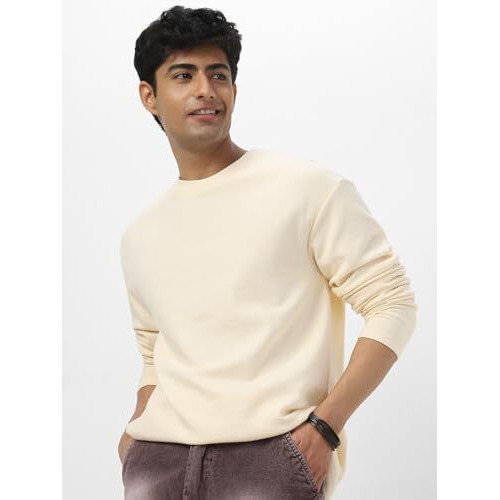 Urbano Fashion Men's Cloud Cream Textured Round Neck Oversized Full Sleeve Cotton T-Shirt (Txtovfstee-02-Cream-Xl)