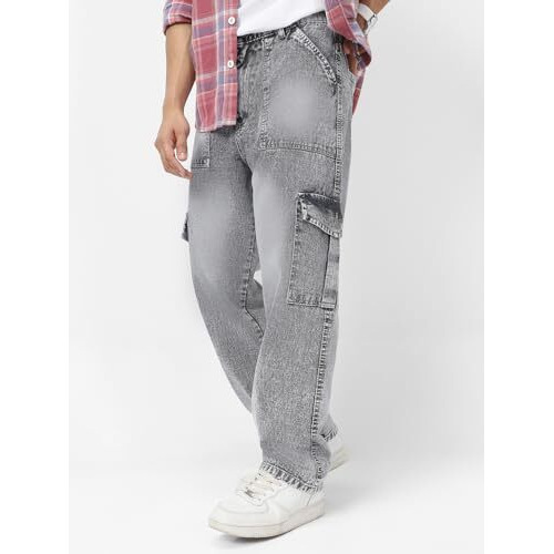 Urbano Fashion Men's Ice Grey Loose Baggy Fit Washed Cargo Jeans With 6 Pockets Non-Stretchable (Jeanlscargotowl-Icegrey-32)