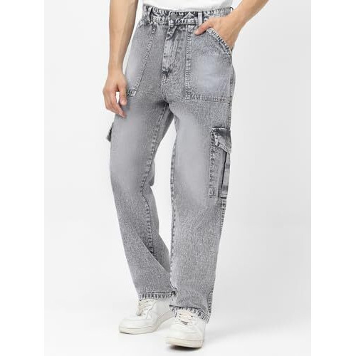 Urbano Fashion Men's Ice Grey Loose Baggy Fit Washed Cargo Jeans With 6 Pockets Non-Stretchable (Jeanlscargotowl-Icegrey-32)