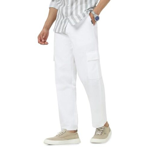 Urbano Fashion Men's White Loose Baggy Fit Solid Cargo Chino Pant With 6 Pockets Non-Stretchable (Chicargolos-04-White-32)