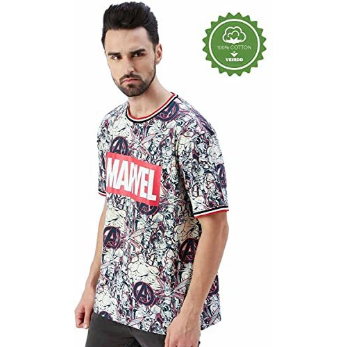 Veirdo Men's Original Marvel Avengers Typography Printed Oversized, Half Sleeves Baggy, Drop Shoulder Cotton Loose Fit T-Shirt (Multicolor_ L)