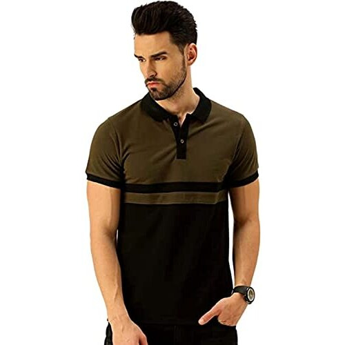 Veirdo 100% Cotton Half Sleeves Regular Fit Black & Olive Colorblock Polo T-Shirt For Men (P-22_Blk_Olive)