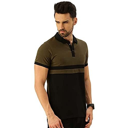 Veirdo 100% Cotton Half Sleeves Regular Fit Black & Olive Colorblock Polo T-Shirt For Men (P-22_Blk_Olive)