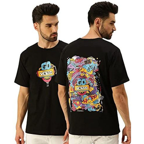 Veirdo Oversized Cotton Graphic Print Black Crew Neck T-Shirt With Chest Print For Men