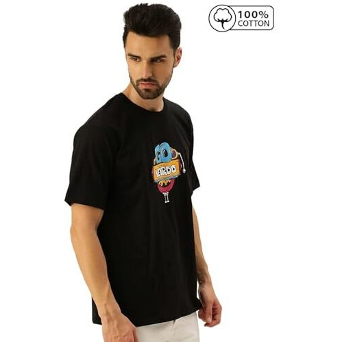 Veirdo Oversized Cotton Graphic Print Black Crew Neck T-Shirt With Chest Print For Men