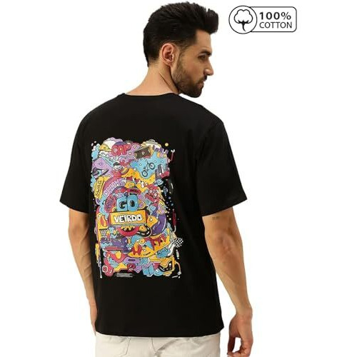 Veirdo Oversized Cotton Graphic Print Black Crew Neck T-Shirt With Chest Print For Men