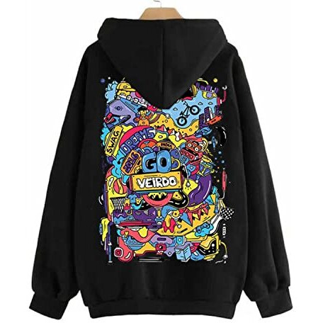 Veirdo Cotton Fleece Regular Fit Hooded Sweatshirt Full Sleeves Doodle Graphic Printed Jumper Sweatshirt For Men/Boys Black