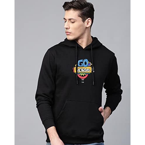 Veirdo Cotton Fleece Regular Fit Hooded Sweatshirt Full Sleeves Doodle Graphic Printed Jumper Sweatshirt For Men/Boys Black