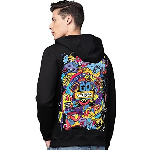 Veirdo Cotton Fleece Regular Fit Hooded Sweatshirt Full Sleeves Doodle Graphic Printed Jumper Sweatshirt For Men/Boys Black