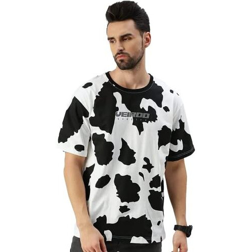 Veirdo Pure Cotton Oversized Loose Baggy Fit Cow & Zebra Animal Print White, Black & Lilac Round Neck T-Shirt With All Over Print For Men & Boys