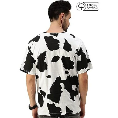 Veirdo Pure Cotton Oversized Loose Baggy Fit Cow & Zebra Animal Print White, Black & Lilac Round Neck T-Shirt With All Over Print For Men & Boys