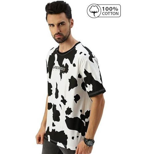 Veirdo Pure Cotton Oversized Loose Baggy Fit Cow & Zebra Animal Print White, Black & Lilac Round Neck T-Shirt With All Over Print For Men & Boys