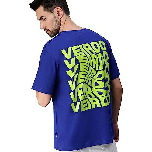 Veirdo Royal Blue Oversized Cotton Graphic Print Round Neck T-Shirt With Back Print For Men (S)
