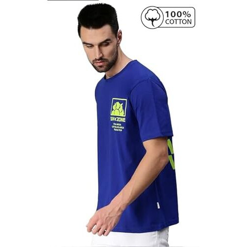 Veirdo Royal Blue Oversized Cotton Graphic Print Round Neck T-Shirt With Back Print For Men (S)