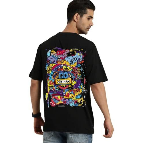 Veirdo Oversized Cotton Graphic Print Black Crew Neck T-Shirt With Chest Print For Men