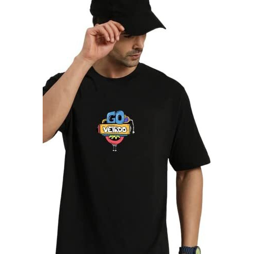 Veirdo Oversized Cotton Graphic Print Black Crew Neck T-Shirt With Chest Print For Men