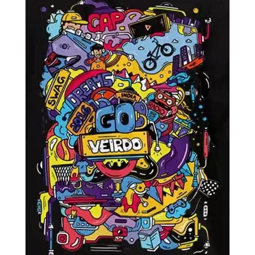 Veirdo Oversized Cotton Graphic Print Black Crew Neck T-Shirt With Chest Print For Men
