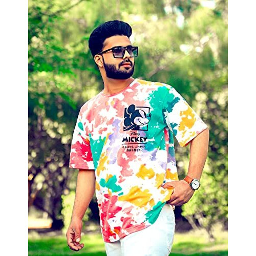 Veirdo Multicolour Tie-Dye Oversized Cotton Crew Neck T-Shirt With Disney Print For Men