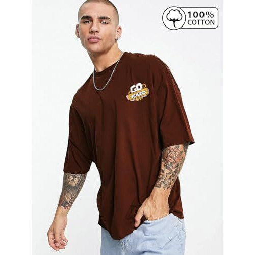 Veirdo Oversize Loose Baggy Fit Drop Shoulder Cool And Stylish Latest Go Pocket Print Design Brown Half Sleeve T-Shirt For Men (L)
