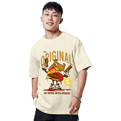 Veirdo Oversized Baggy Fit Comfortable Pure Cotton Round Neck Drop Shoulder T-Shirt With Graphic Print Collection Tee For Men & Boys (Available In Black, Blue, Beige & Swan White Color)