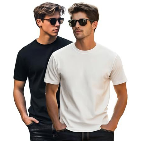 Veirdo White & Black Regular Fit Half Sleeves Round Neck Solid Pure Cotton T-Shirt For Men (Po2_Tsh_99_Wt_Bk_M)
