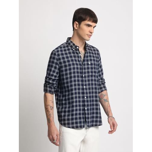 The Bear House Men's Cotton Checked Slim Fit Casual Shirt Blue