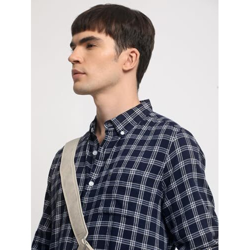 The Bear House Men's Cotton Checked Slim Fit Casual Shirt Blue