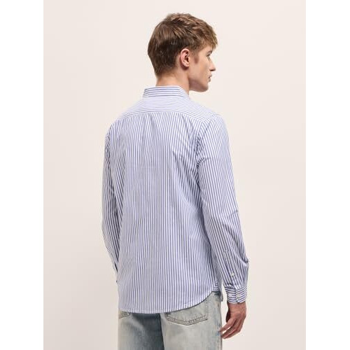 The Bear House Men Spread Collar Vertical Striped Cotton Casual Shirt Blue