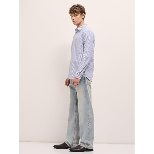 The Bear House Men Spread Collar Vertical Striped Cotton Casual Shirt Blue