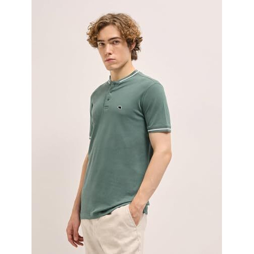 The Bear House Pastel Green Solid Ribbed Collar With Contrast Tipping Regular Fit Polo