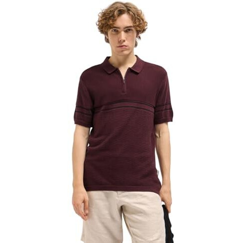 The Bear House Maroon Horizontal Textured Knit Regular Fit Polo T-Shirt