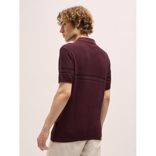 The Bear House Maroon Horizontal Textured Knit Regular Fit Polo T-Shirt