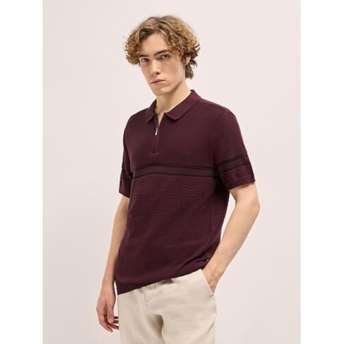 The Bear House Maroon Horizontal Textured Knit Regular Fit Polo T-Shirt