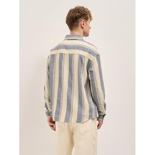 The Bear House Men's Cotton Striped Overshirt Blue