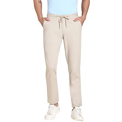 Dennis Lingo Men's Cotton Regular Fit Solid Stretchable Chinos, Casual Trouser Pants With Drawstring Waist (Beige, 32)
