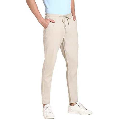 Dennis Lingo Men's Cotton Regular Fit Solid Stretchable Chinos, Casual Trouser Pants With Drawstring Waist (Beige, 32)