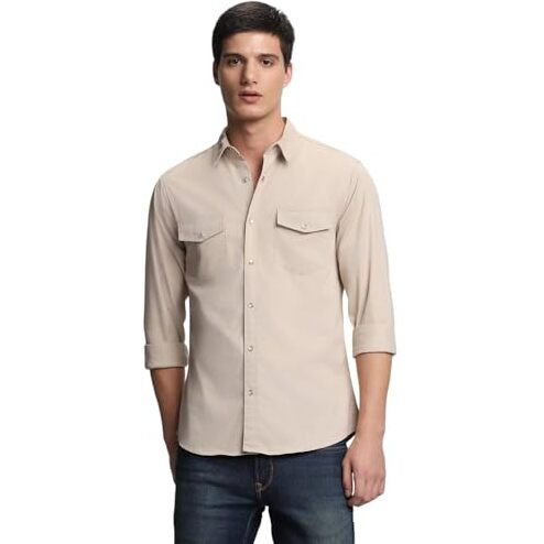 Dennis Lingo Men Slim Fit Full Sleeves Beige Casual Shirt (Dlmshw23053_Be, Beige, M)