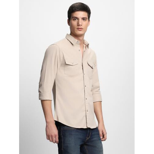 Dennis Lingo Men Slim Fit Full Sleeves Beige Casual Shirt (Dlmshw23053_Be, Beige, M)