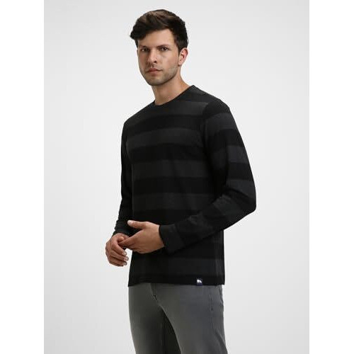 Dennis Lingo Men's Cotton Black Stripes Regular Fit Button-Down Full Sleeve Crew Tshirt (M)