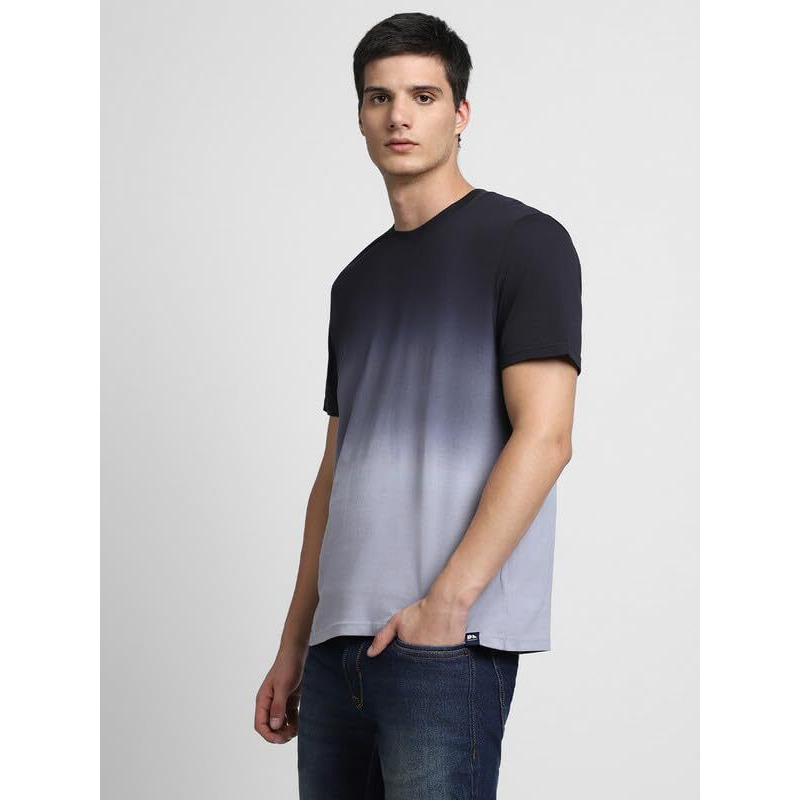 Dennis Lingo Men's Cotton Ombre Crew Neck Slim Fit T-Shirts (Black, M)